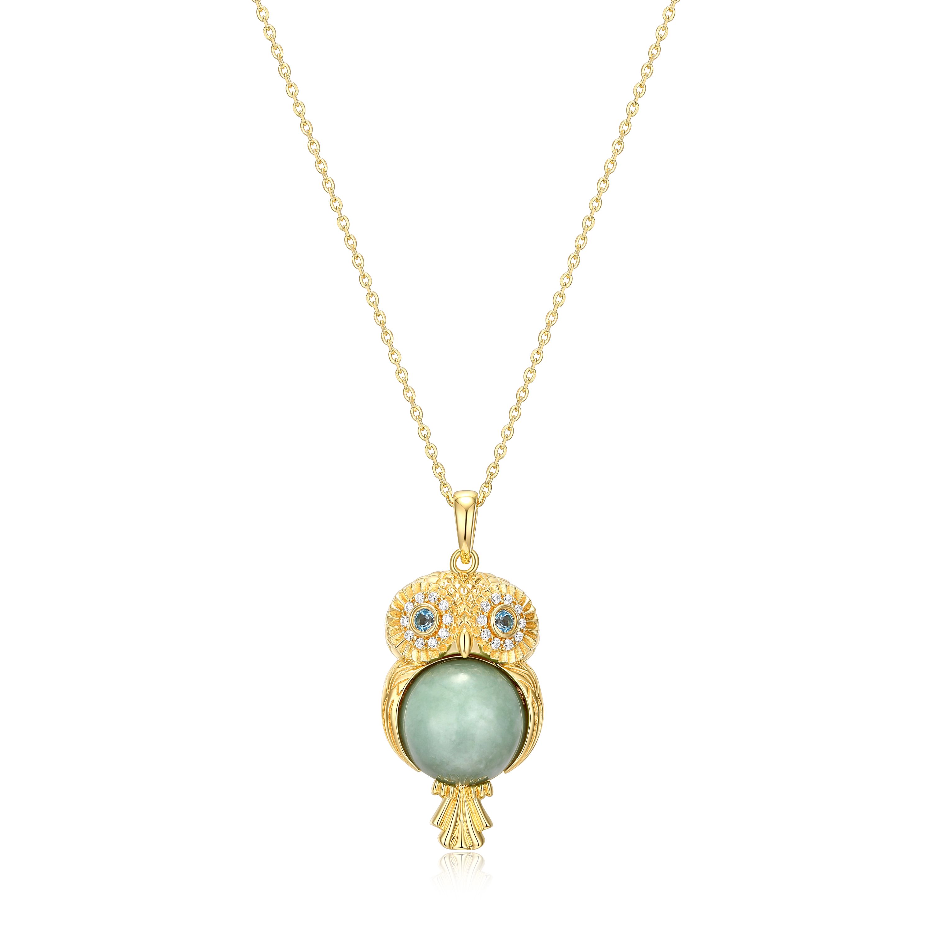 18k Gold Plated Sterling Silver Jade , Blue Topaz and Cubic Zirconia Owl Pendant Necklace