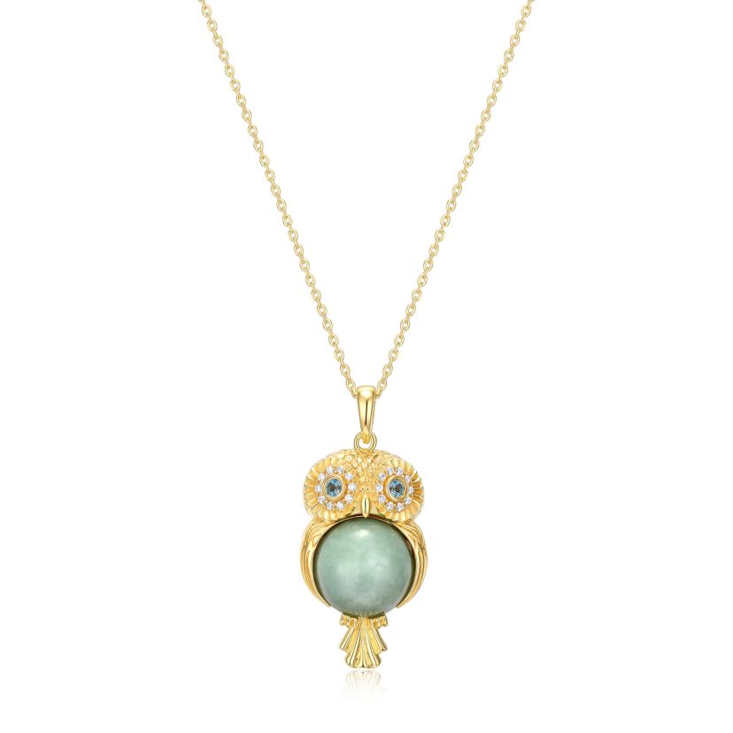 18k Gold Plated Sterling Silver Jade , Blue Topaz and Cubic Zirconia Owl Pendant Necklace
