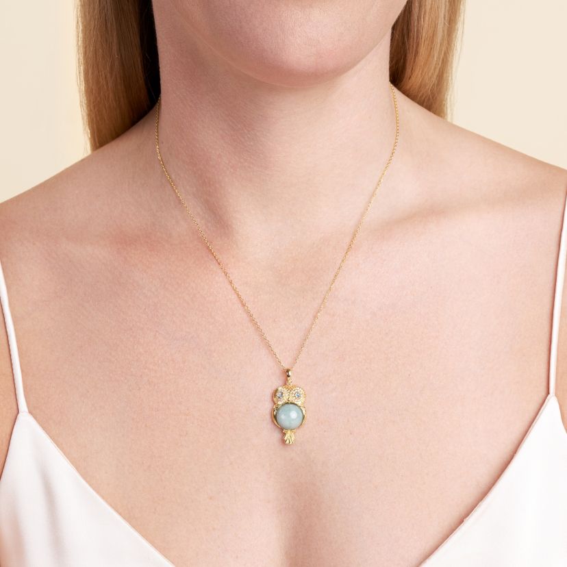 18k Gold Plated Sterling Silver Jade , Blue Topaz and Cubic Zirconia Owl Pendant Necklace
