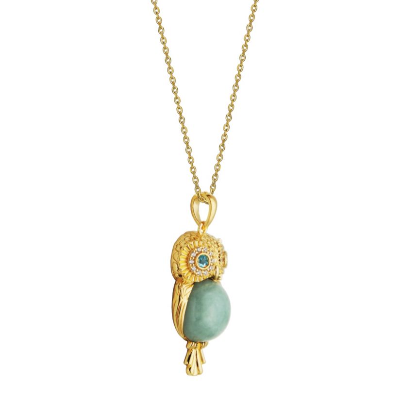 18k Gold Plated Sterling Silver Jade , Blue Topaz and Cubic Zirconia Owl Pendant Necklace