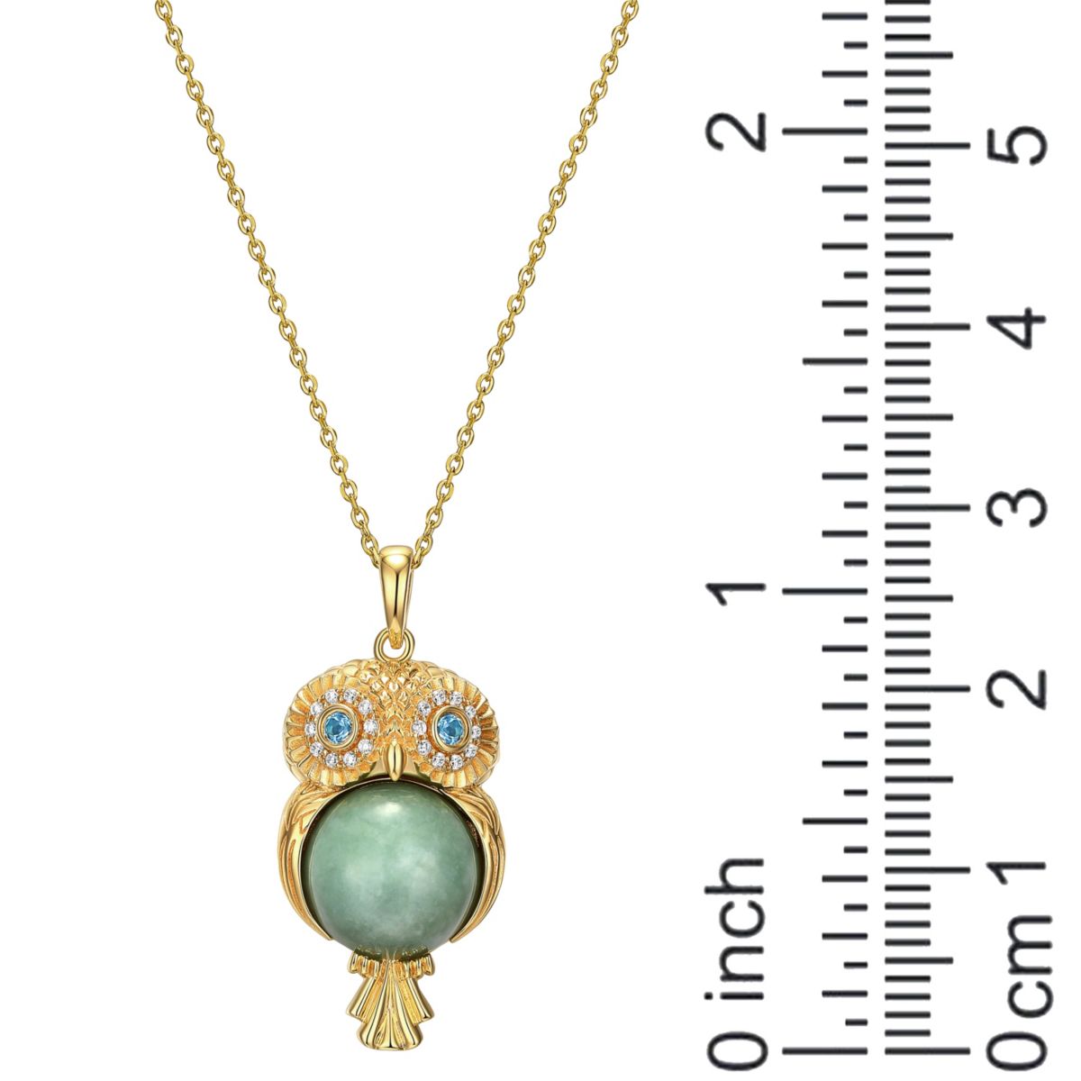 18k Gold Plated Sterling Silver Jade , Blue Topaz and Cubic Zirconia Owl Pendant Necklace