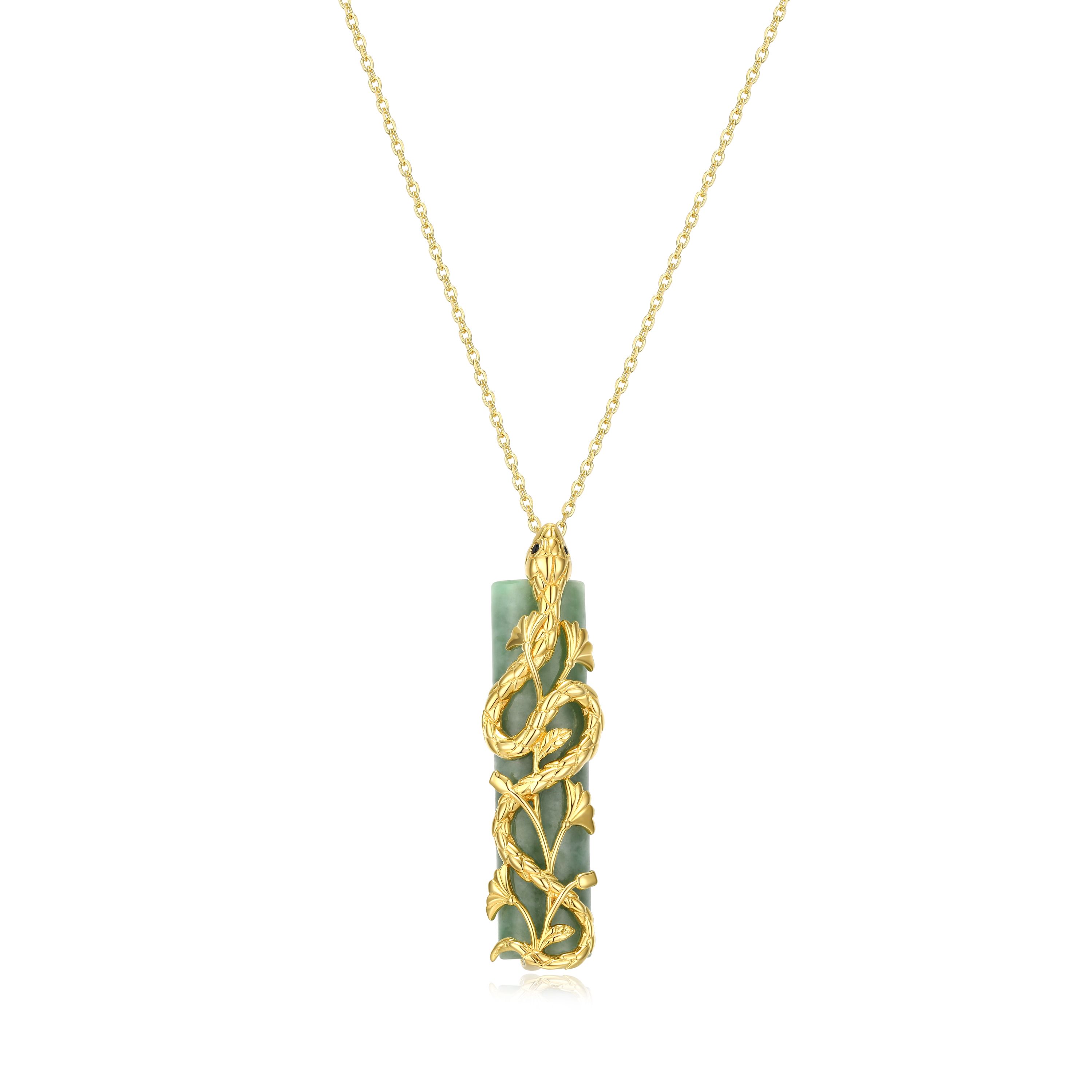 18k Gold Plated Sterling Silver Genuine Jade, Black Sapphire and Cubic Zirconia Snake Pendant Necklace