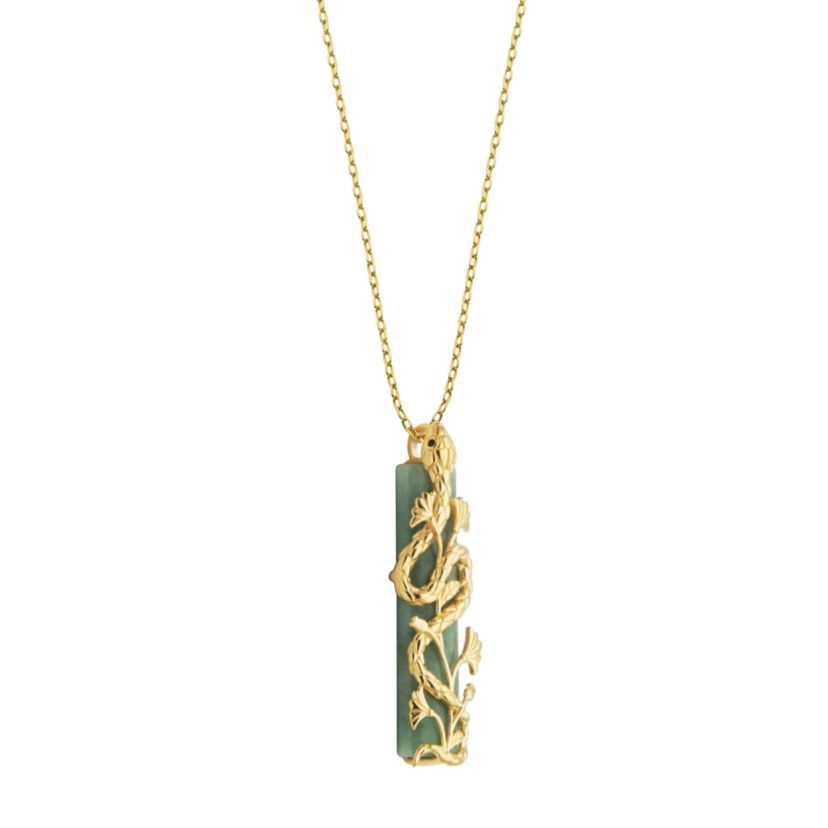 18k Gold Plated Sterling Silver Genuine Jade, Black Sapphire and Cubic Zirconia Snake Pendant Necklace