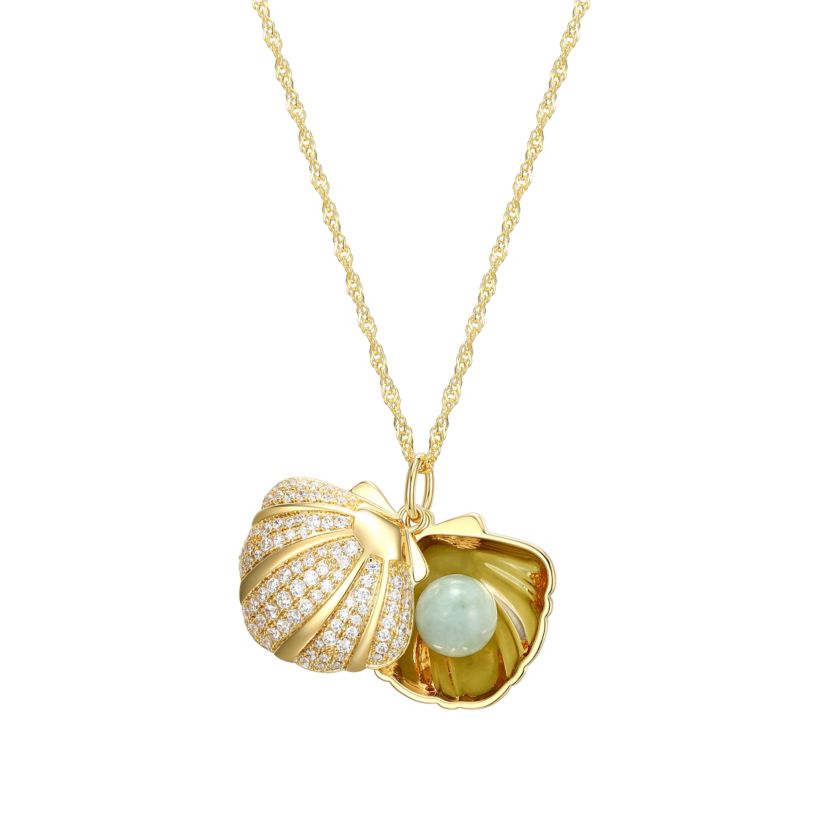 Genuine Green Jade Clam Shell Necklace in 18K Gold Plated Sterling Silver