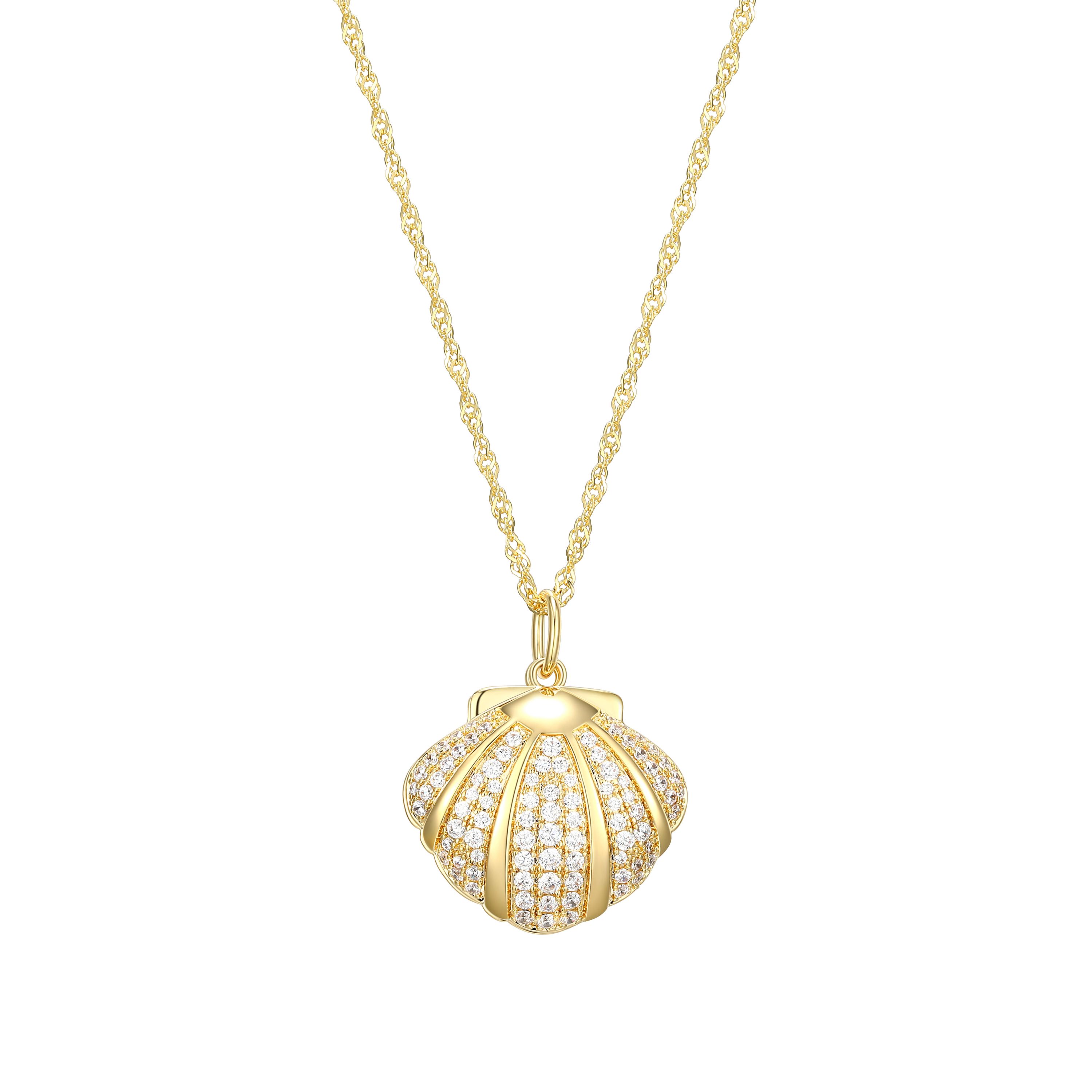 Genuine Green Jade Clam Shell Necklace in 18K Gold Plated Sterling Silver