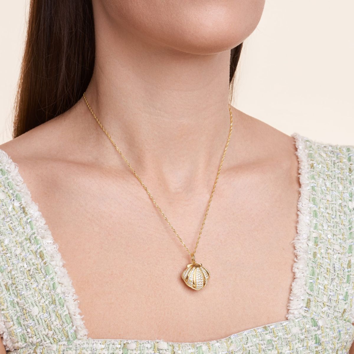 Genuine Green Jade Clam Shell Necklace in 18K Gold Plated Sterling Silver