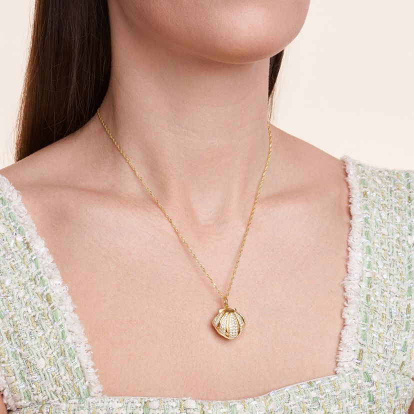 Genuine Green Jade Clam Shell Necklace in 18K Gold Plated Sterling Silver