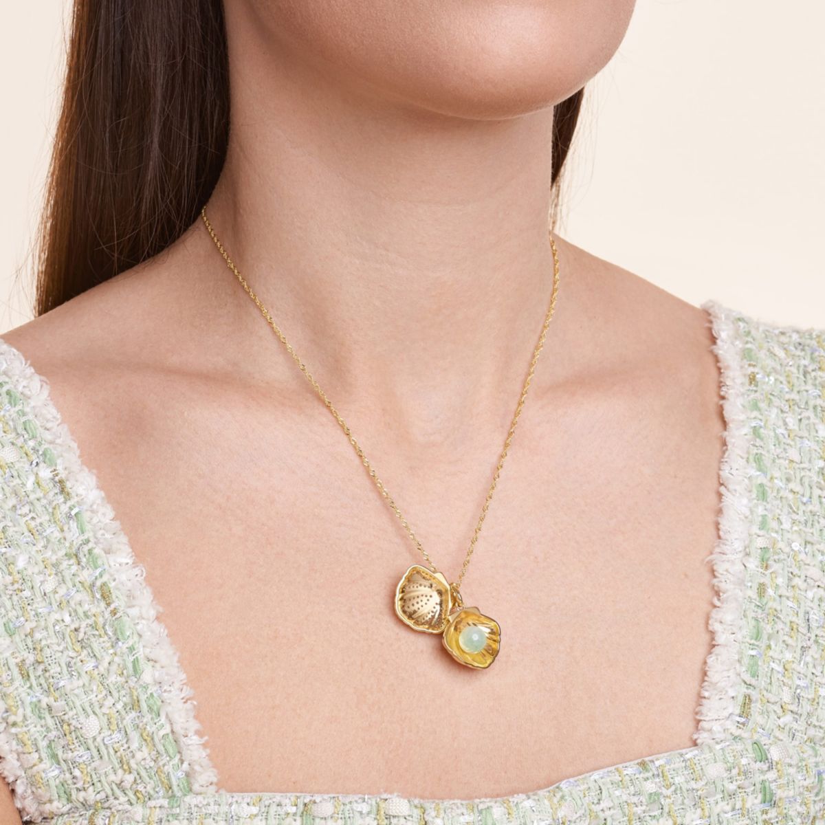 Genuine Green Jade Clam Shell Necklace in 18K Gold Plated Sterling Silver