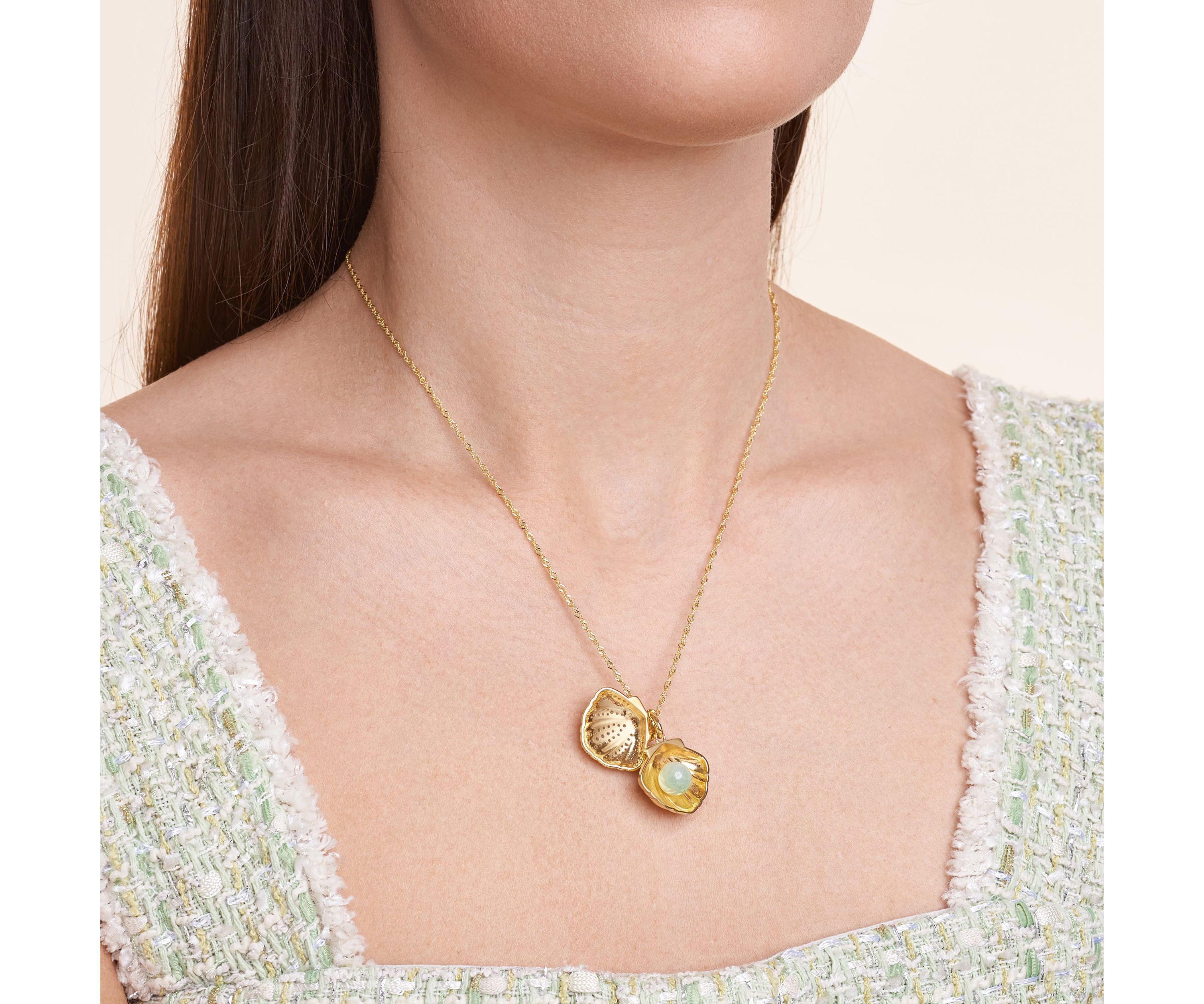 Genuine Green Jade Clam Shell Necklace in 18K Gold Plated Sterling Silver