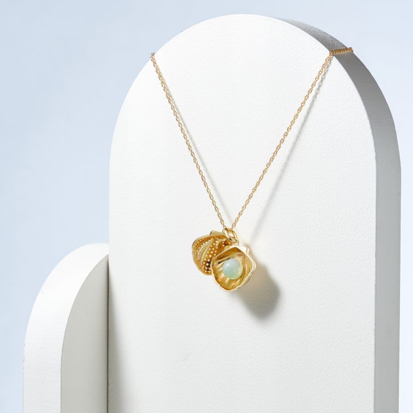 Genuine Green Jade Clam Shell Necklace in 18K Gold Plated Sterling Silver