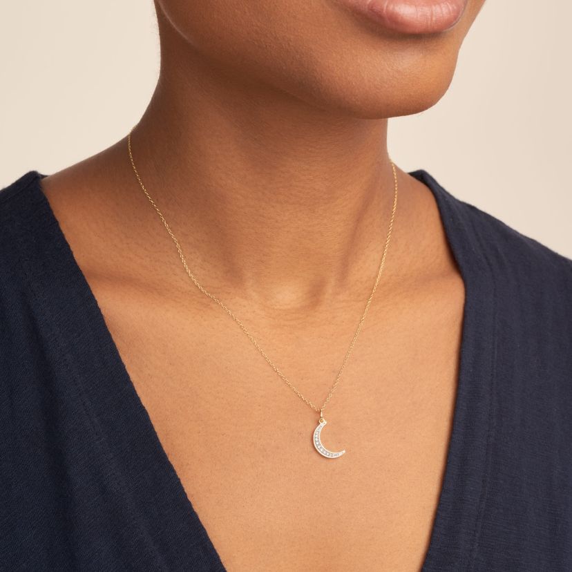 1/10 cttw Diamond Crescent Moon Pendant in 18k Yellow Gold Plated Sterling Silver with 18" Cable Chain
