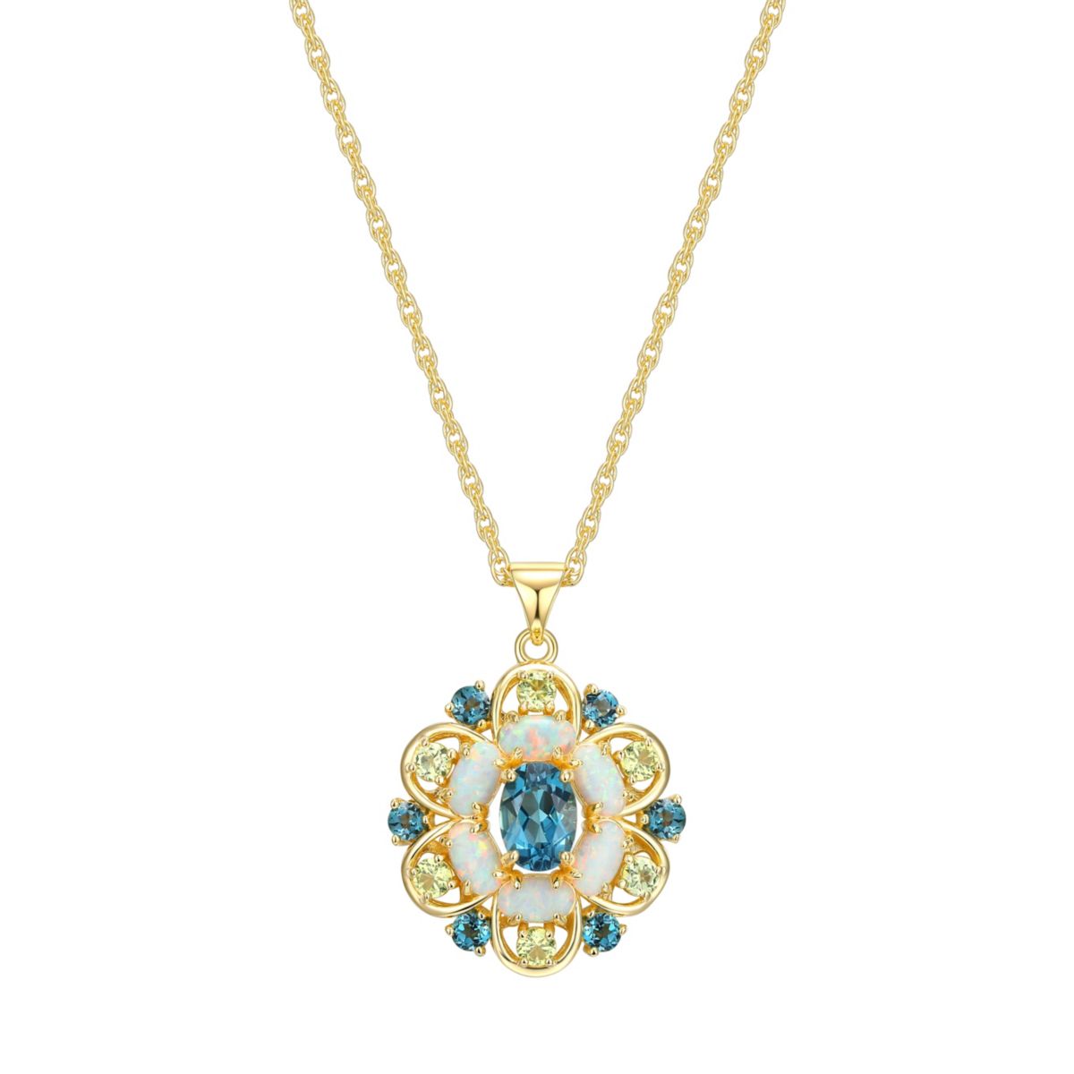 Genuine London Blue Topaz, Created Opal and Genuine Peridot Pendant in 18K Gold-plated Sterling Silver