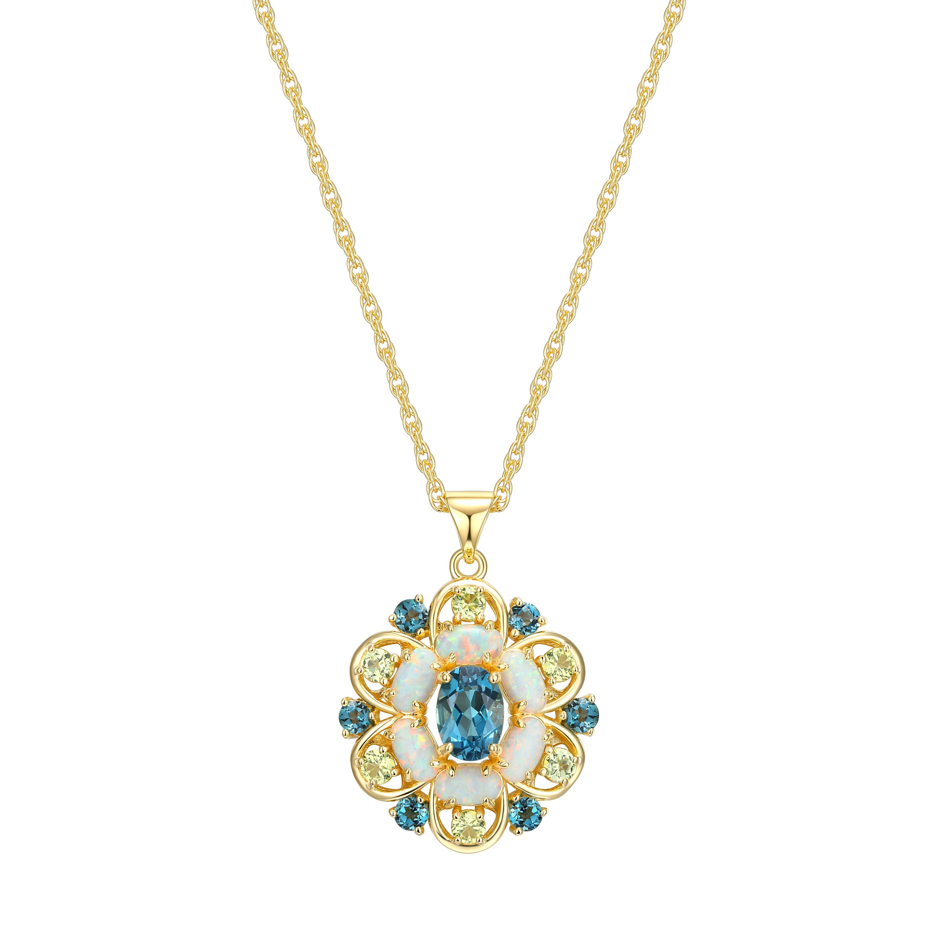 Genuine London Blue Topaz, Created Opal and Genuine Peridot Pendant in 18K Gold-plated Sterling Silver