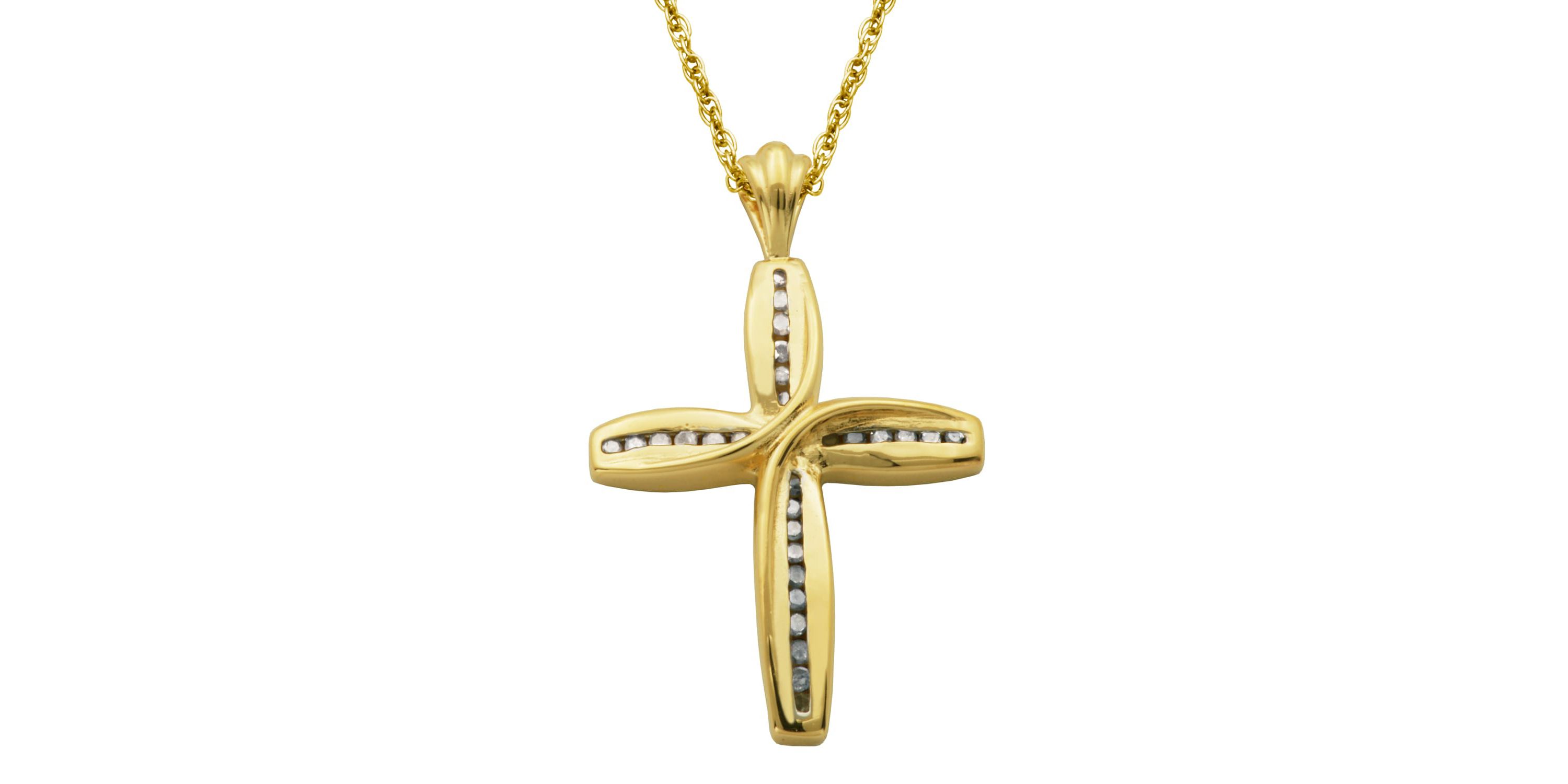 1/10 cttw Diamond Cross Pendant in 18k Yellow Gold Plated Sterling Silver with 18" Rope Chain