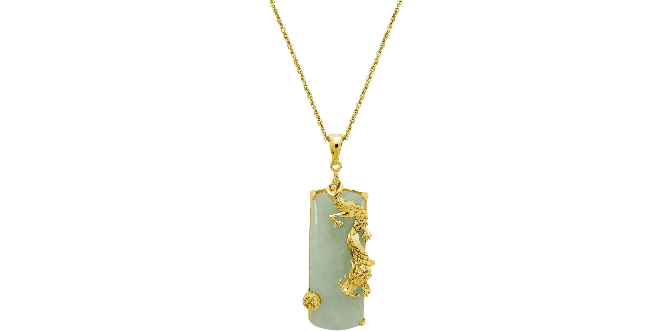 Genuine Jade Dragon Necklace in 18K Yellow Gold Plated Sterling Silver