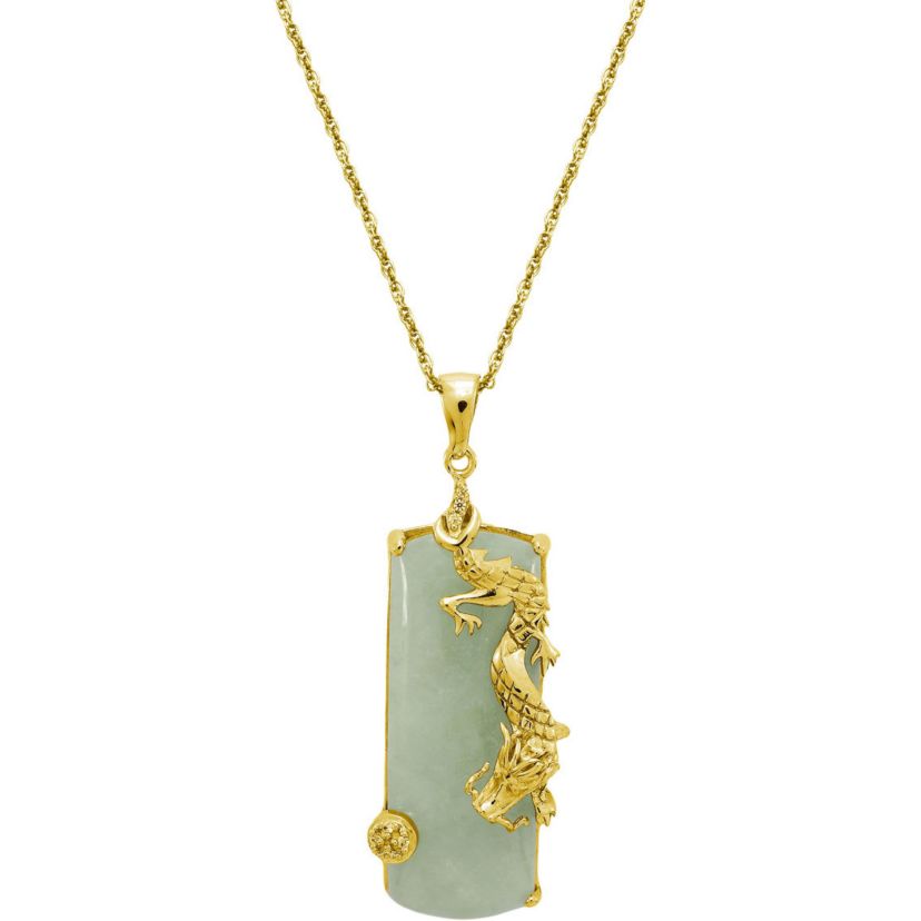 Genuine Jade Dragon Necklace in 18K Yellow Gold Plated Sterling Silver