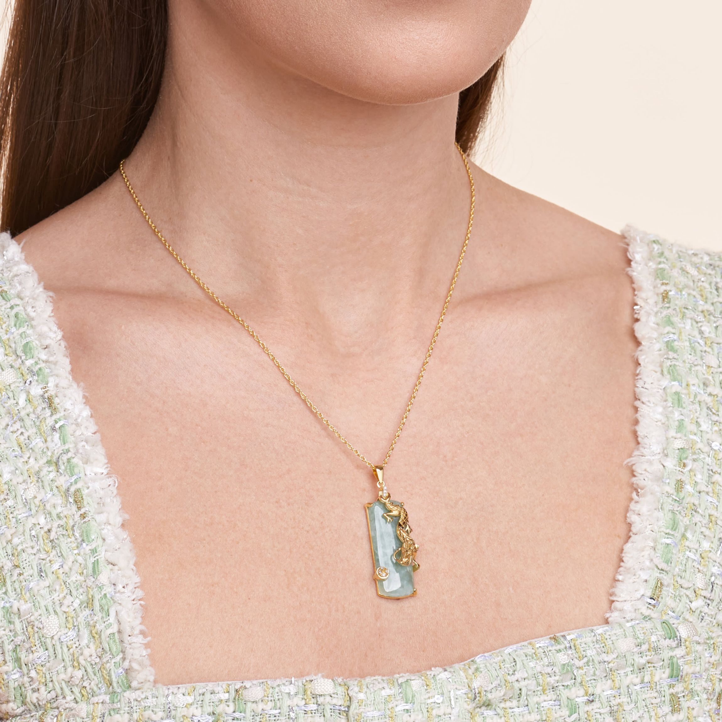 Genuine Jade Dragon Necklace in 18K Yellow Gold Plated Sterling Silver