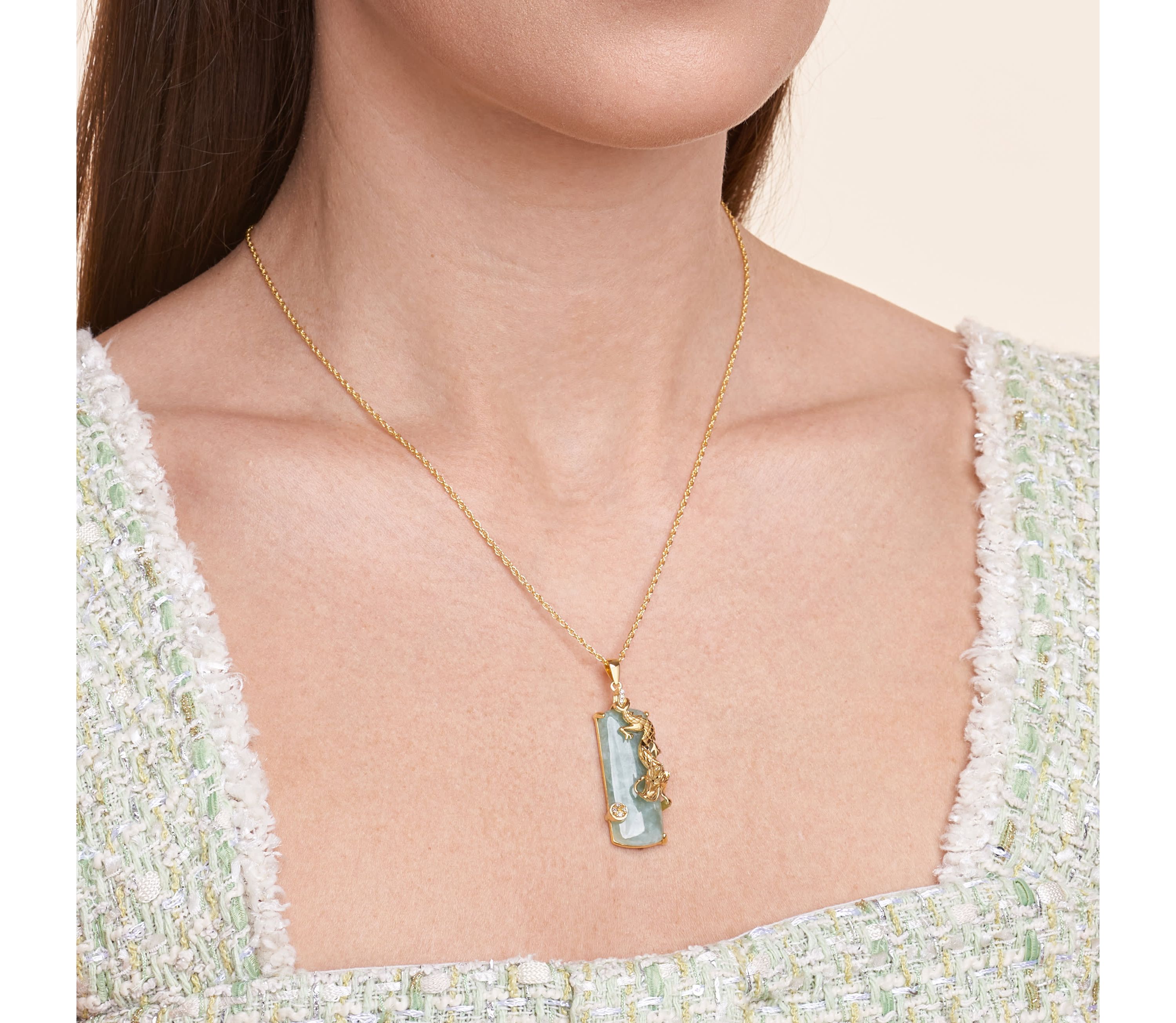 Genuine Jade Dragon Necklace in 18K Yellow Gold Plated Sterling Silver