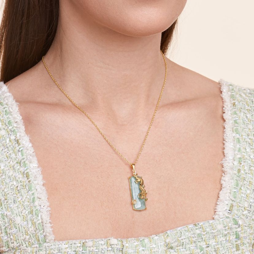 Genuine Jade Dragon Necklace in 18K Yellow Gold Plated Sterling Silver