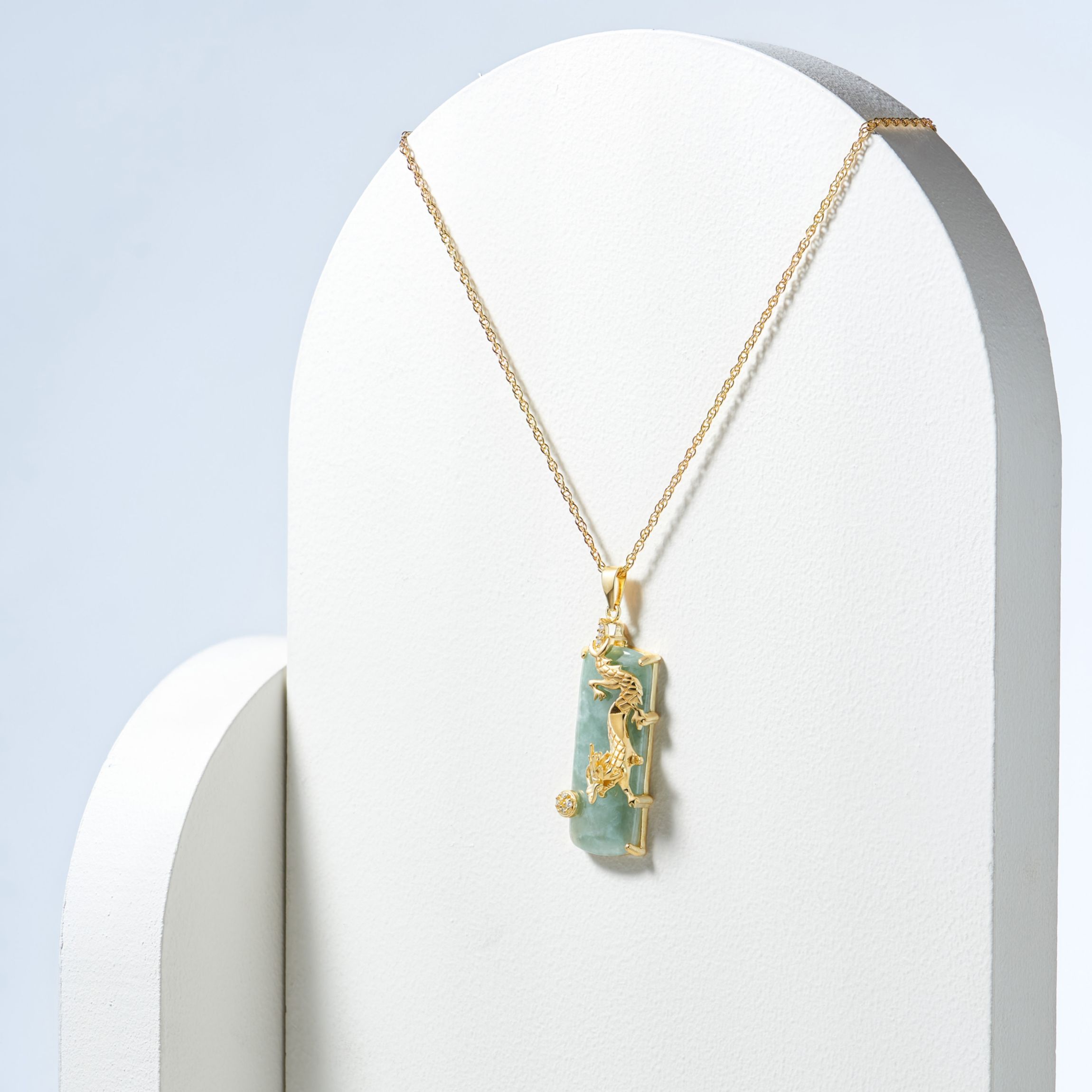 Genuine Jade Dragon Necklace in 18K Yellow Gold Plated Sterling Silver