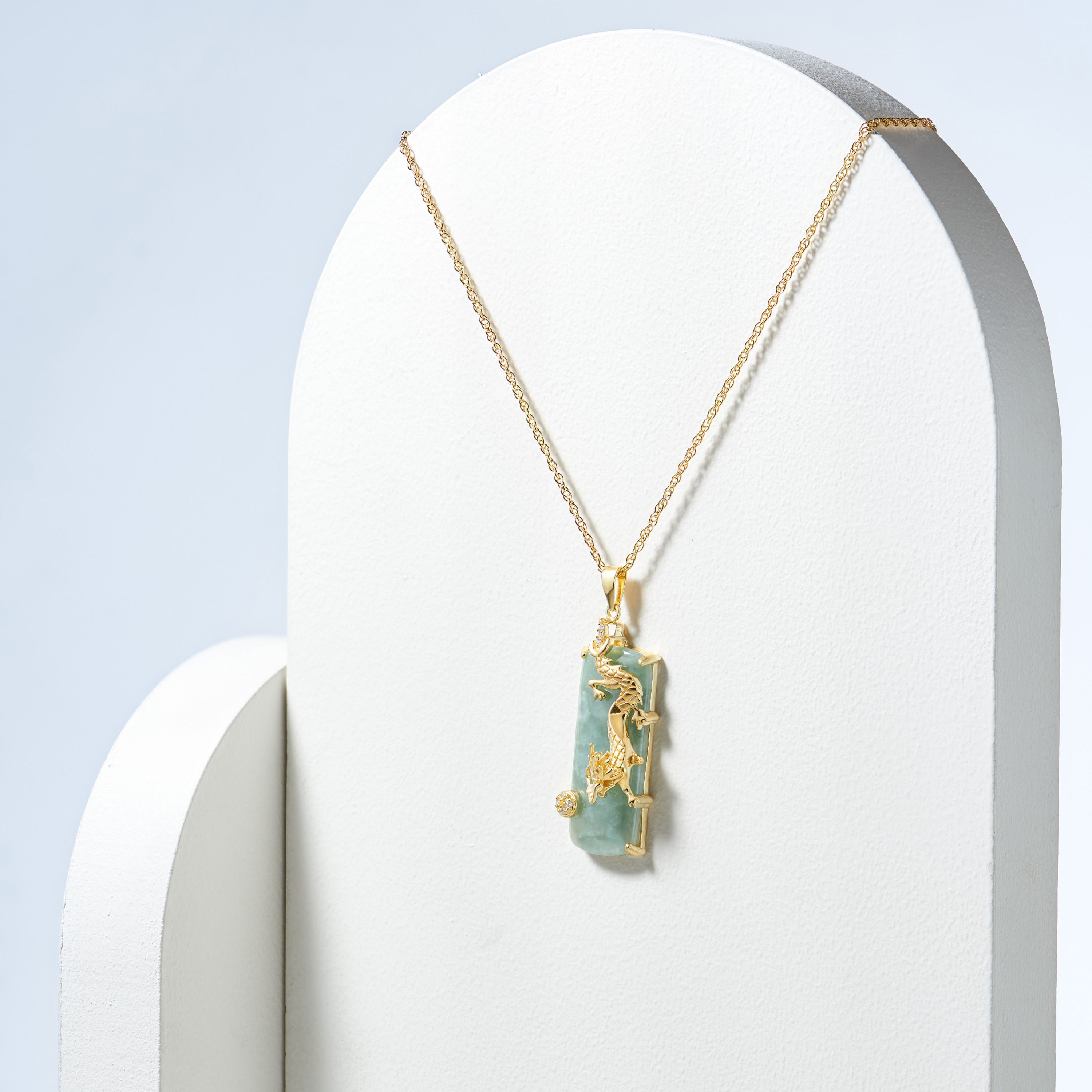 Genuine Jade Dragon Necklace in 18K Yellow Gold Plated Sterling Silver