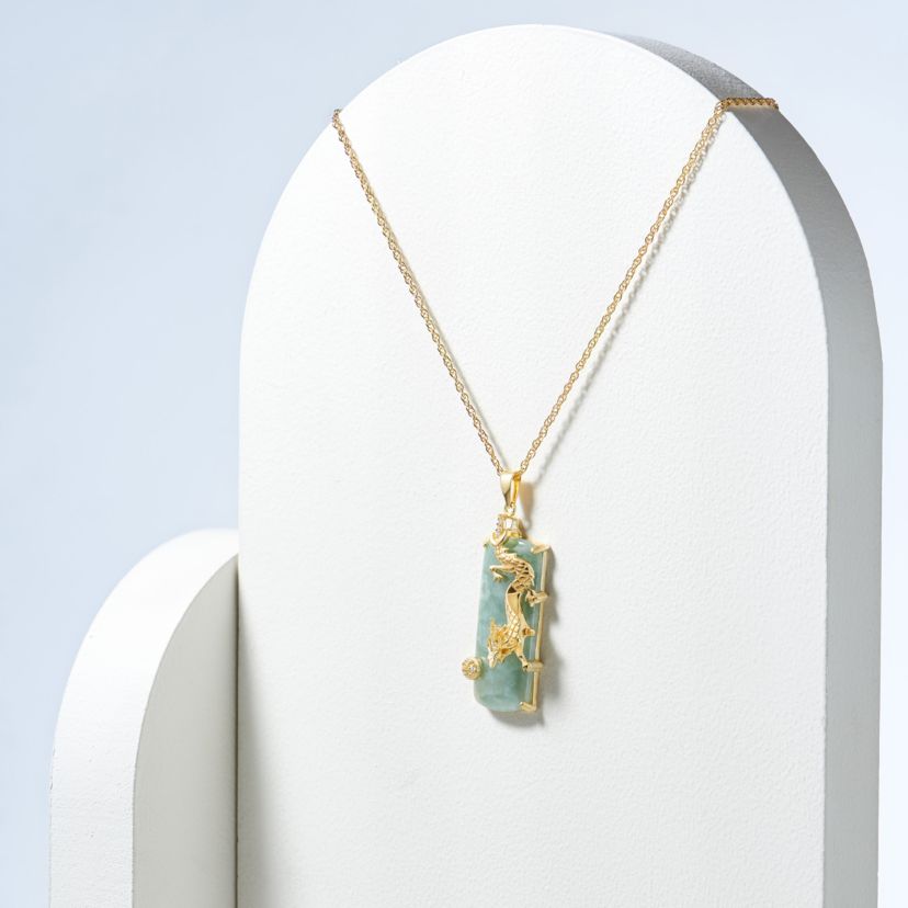 Genuine Jade Dragon Necklace in 18K Yellow Gold Plated Sterling Silver