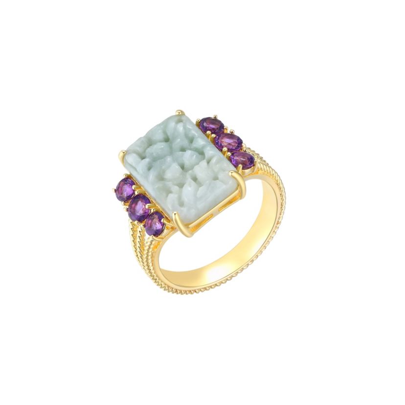 Genuine Green Jade and Amethyst Ring in 18K Gold Over Sterling Silver
