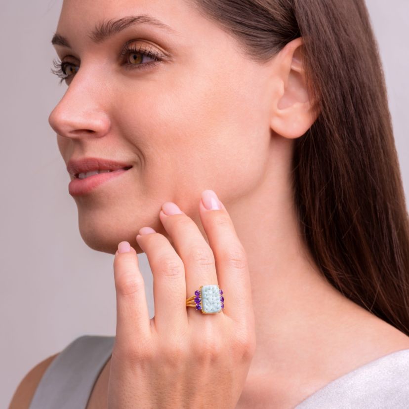 Genuine Green Jade and Amethyst Ring in 18K Gold Over Sterling Silver