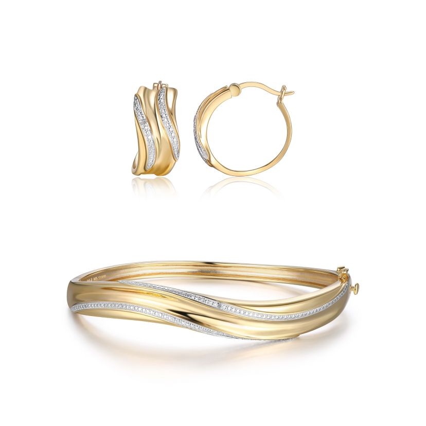 Diamond Accent Twisted Bangle and Earring Set in 18k Yellow Gold Plated Sterling Silver
