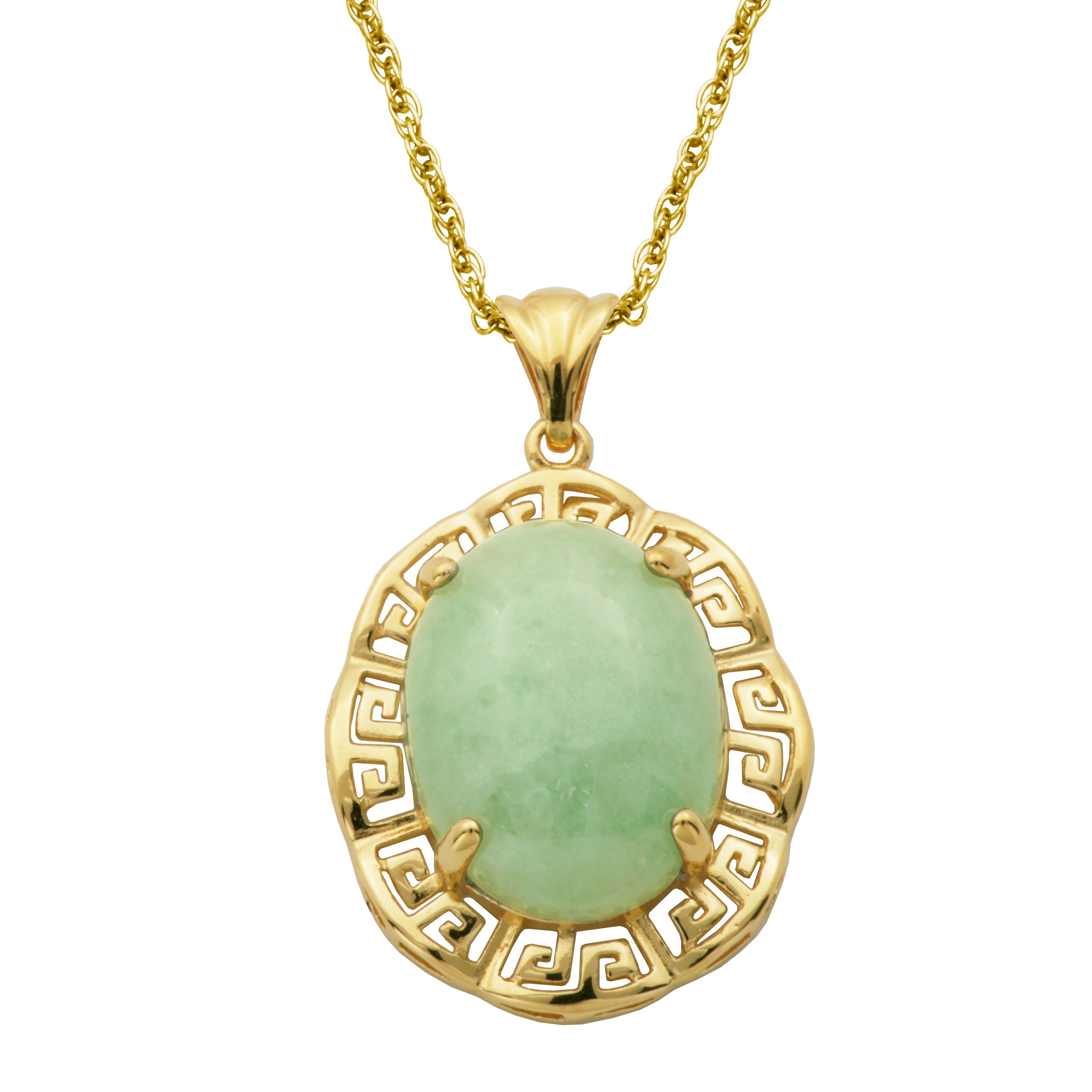 18k Gold Over Sterling Silver Genuine Jade with Greek Key Detailing Pendant Necklace