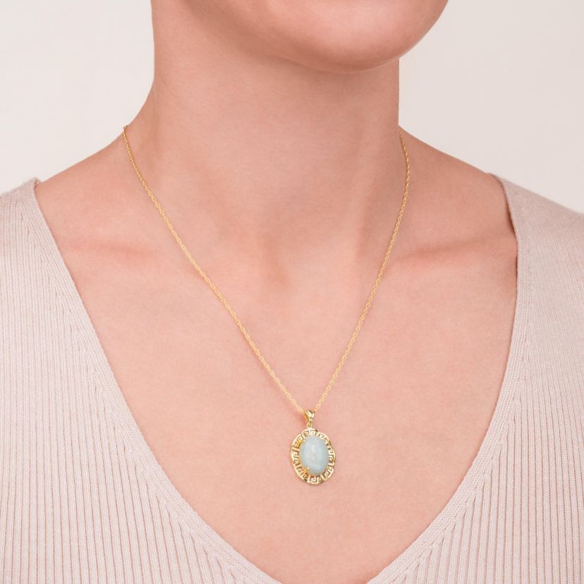 18k Gold Over Sterling Silver Genuine Jade with Greek Key Detailing Pendant Necklace