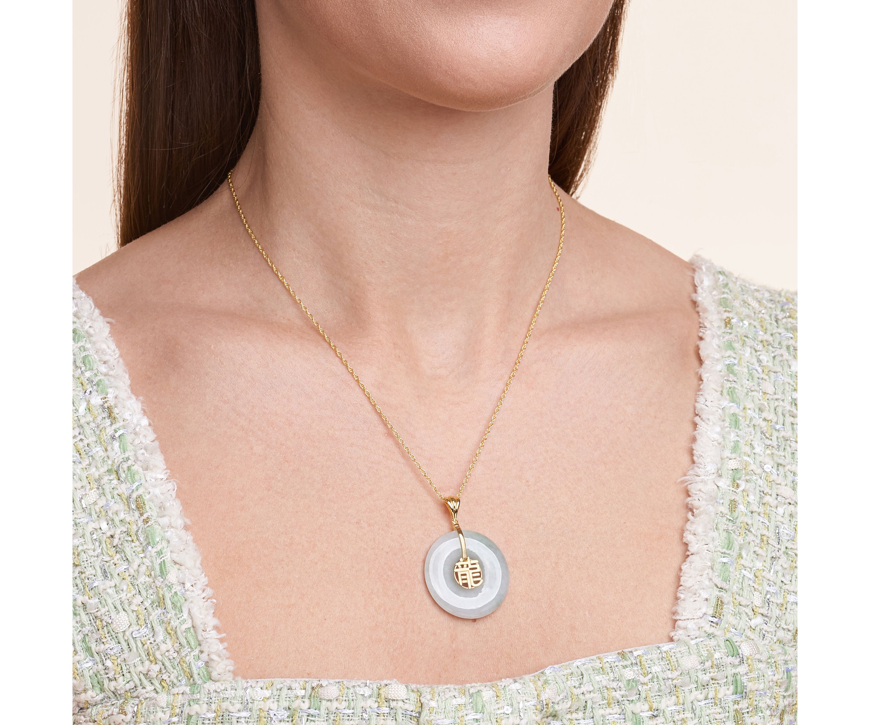 18k Gold Over Sterling Silver Genuine Jade Donut Calligraphy Embellishments Pendant Necklace