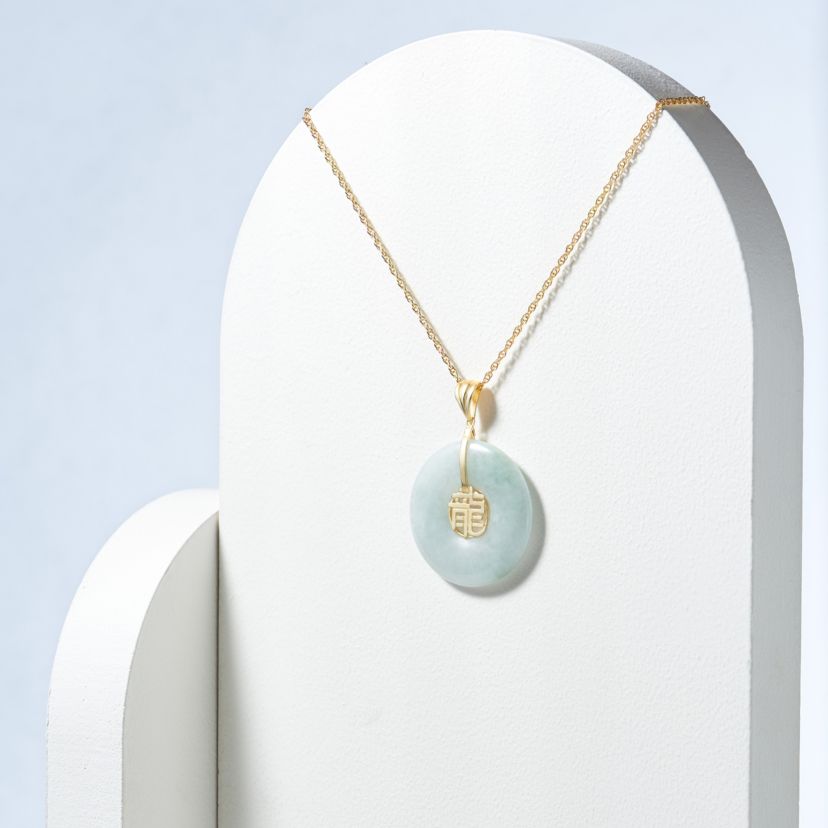 18k Gold Over Sterling Silver Genuine Jade Donut Calligraphy Embellishments Pendant Necklace