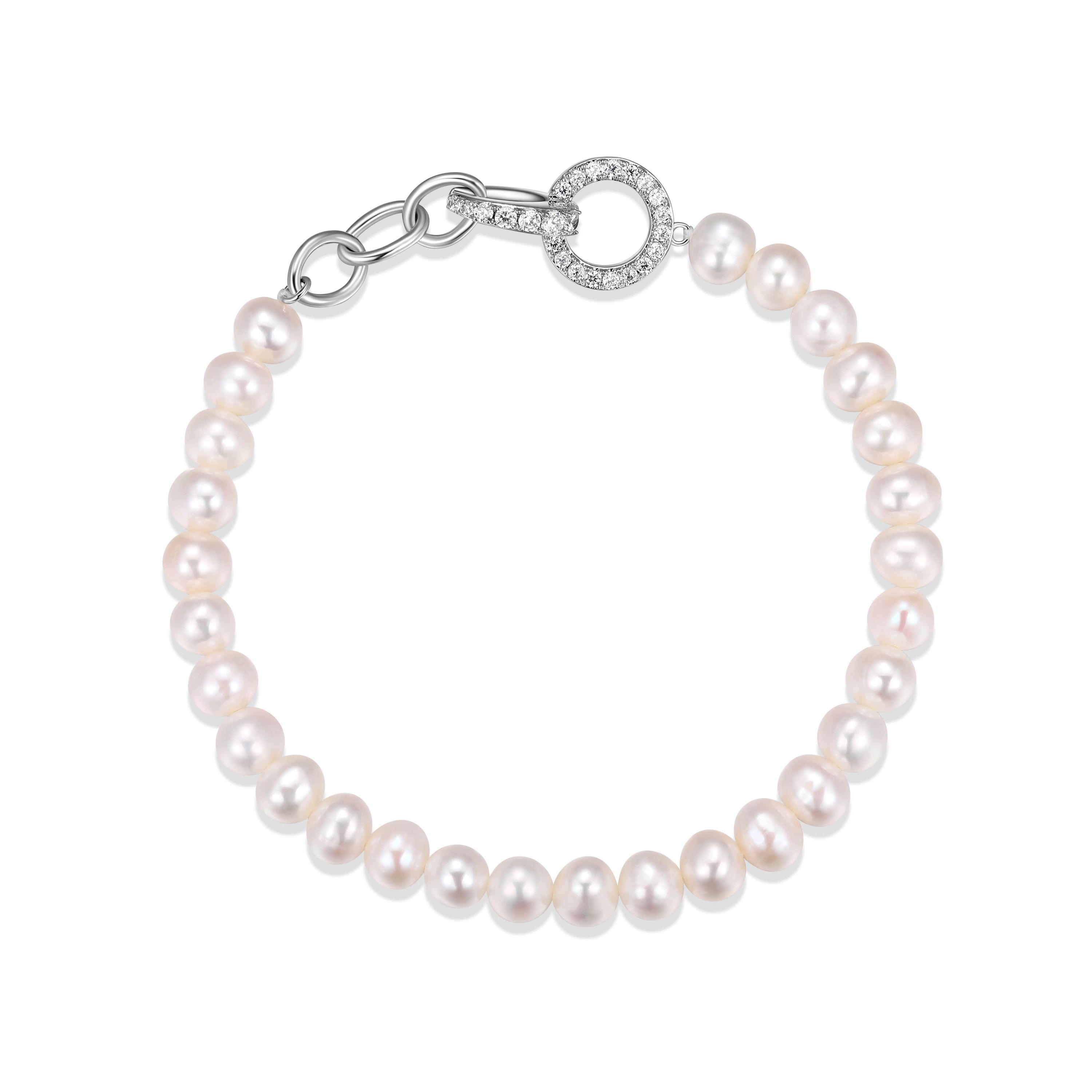 Rhodium Plated Sterling Silver Womens Genuine White Pearl with Cubic Zirconia Accent Bracelet