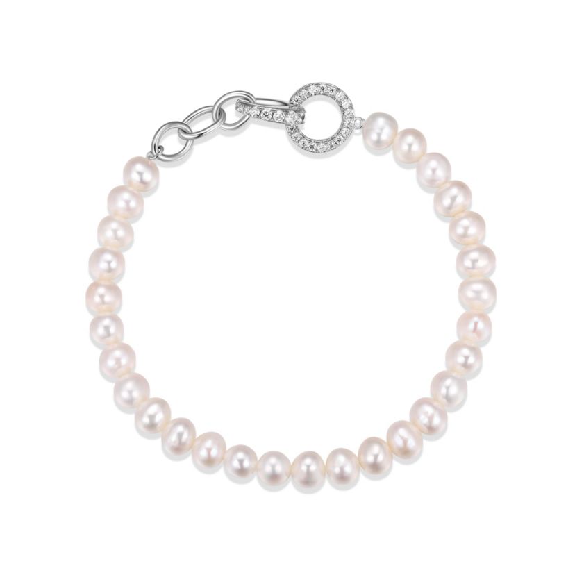 Rhodium Plated Sterling Silver Womens Genuine White Pearl with Cubic Zirconia Accent Bracelet