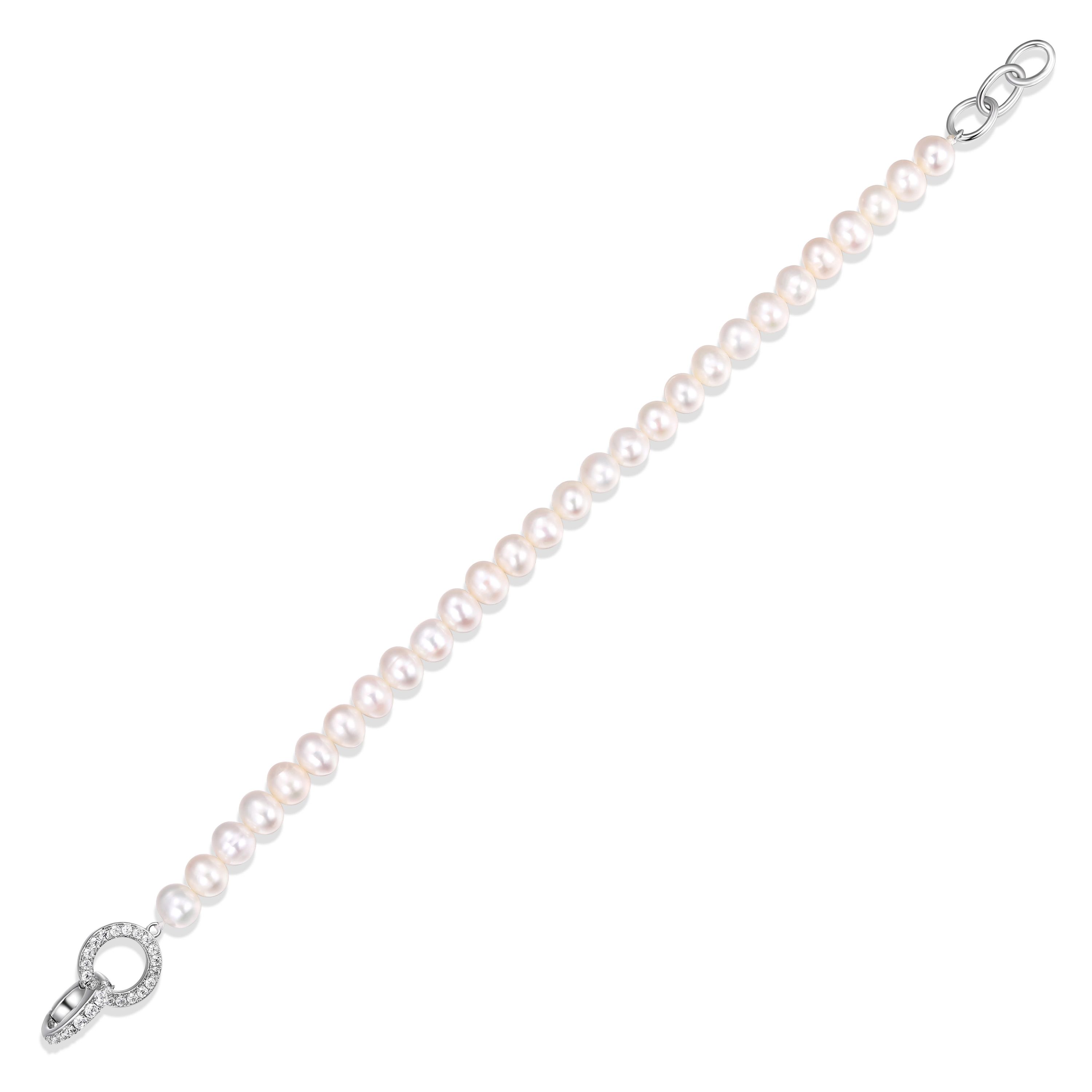 Rhodium Plated Sterling Silver Womens Genuine White Pearl with Cubic Zirconia Accent Bracelet