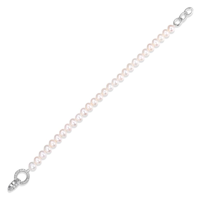 Rhodium Plated Sterling Silver Womens Genuine White Pearl with Cubic Zirconia Accent Bracelet