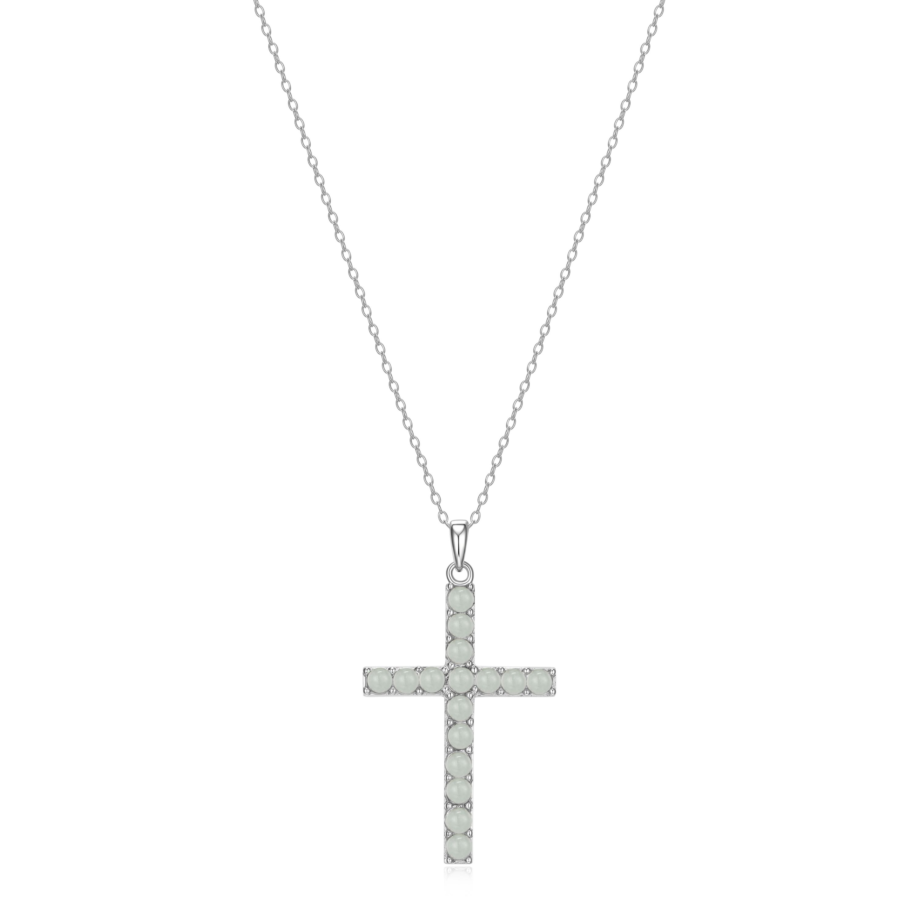 Platinum Plated Sterling Silver Genuine Jade Cross Pendant Necklace