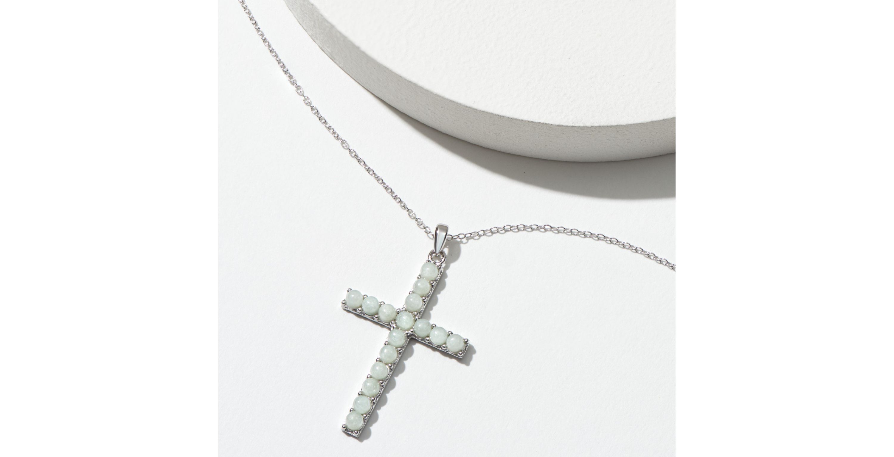 Platinum Plated Sterling Silver Genuine Jade Cross Pendant Necklace