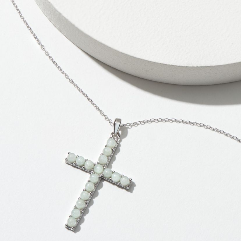 Platinum Plated Sterling Silver Genuine Jade Cross Pendant Necklace