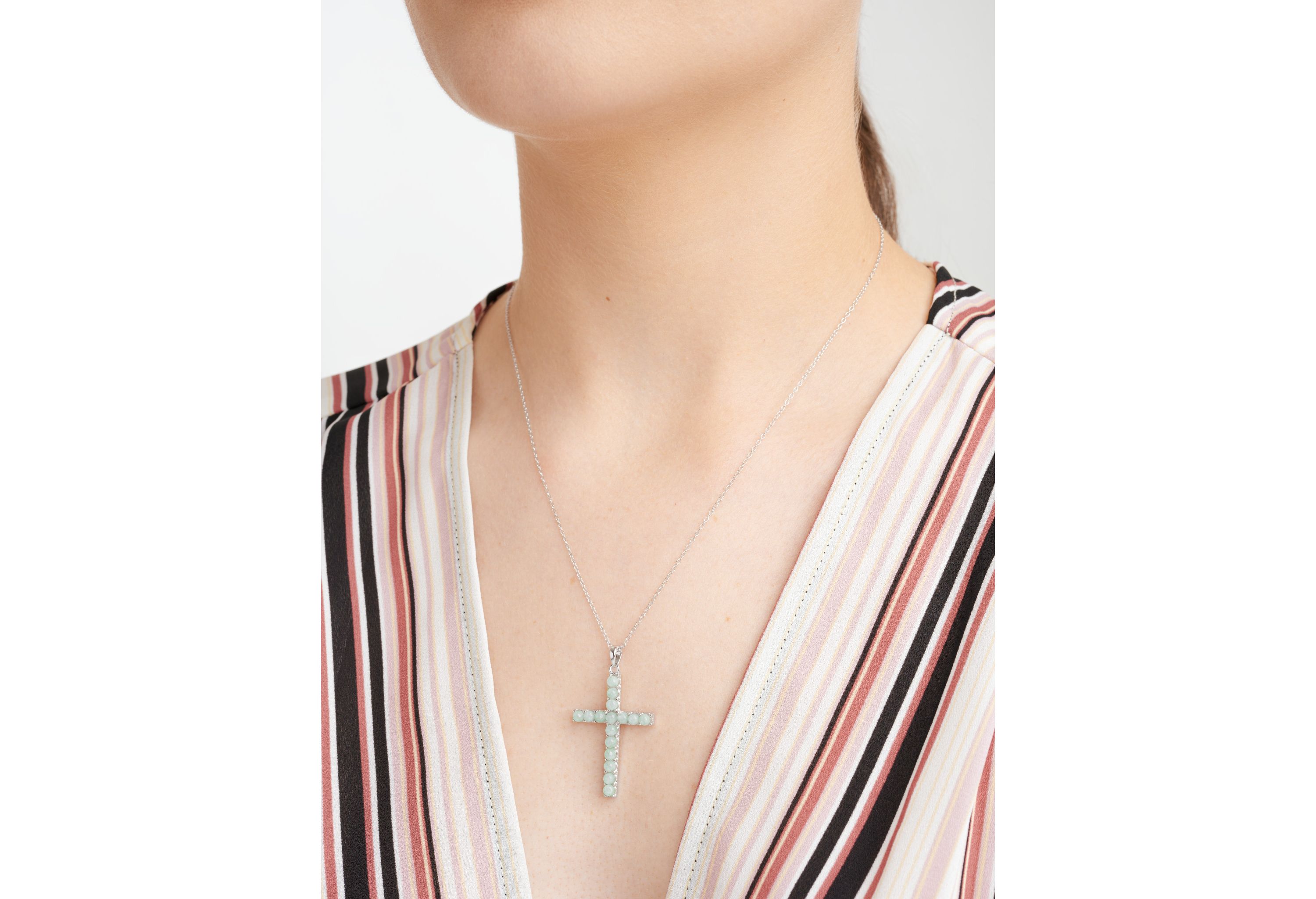 Platinum Plated Sterling Silver Genuine Jade Cross Pendant Necklace