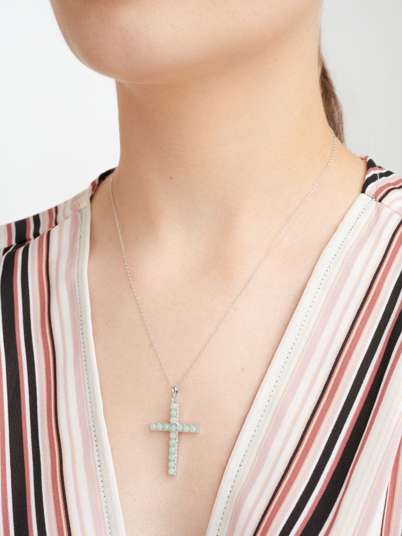 Platinum Plated Sterling Silver Genuine Jade Cross Pendant Necklace