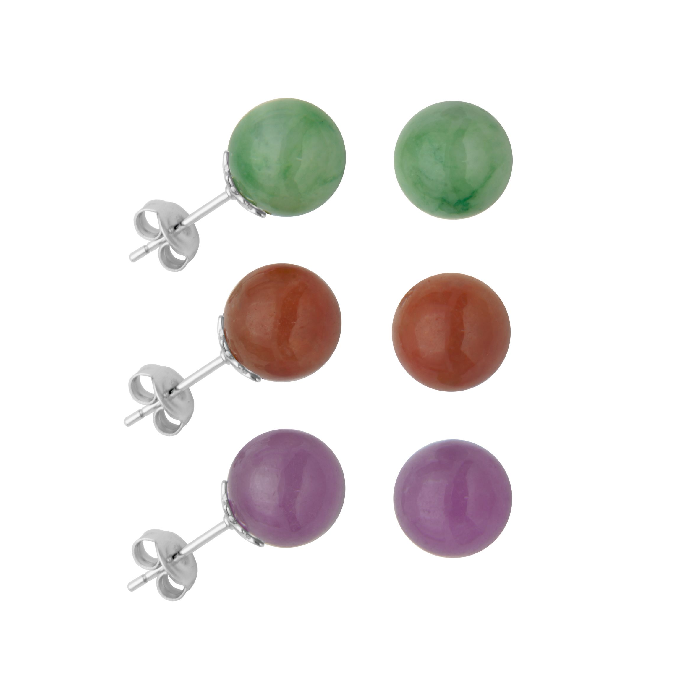 Set of 3 Genuine Jade Stud Earrings in Platinum Plated Sterling Silver