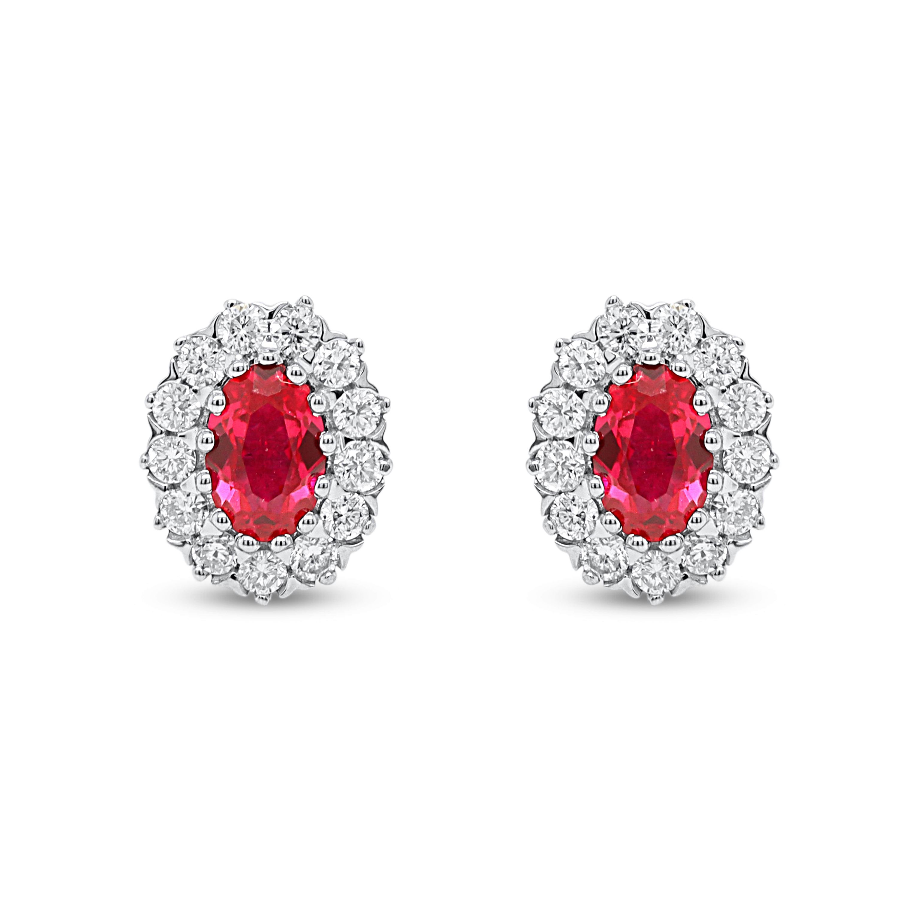 Lab Created 6X4 MM Oval Created Ruby and 3/8CTTW Lab Grown Diamond Earrings.