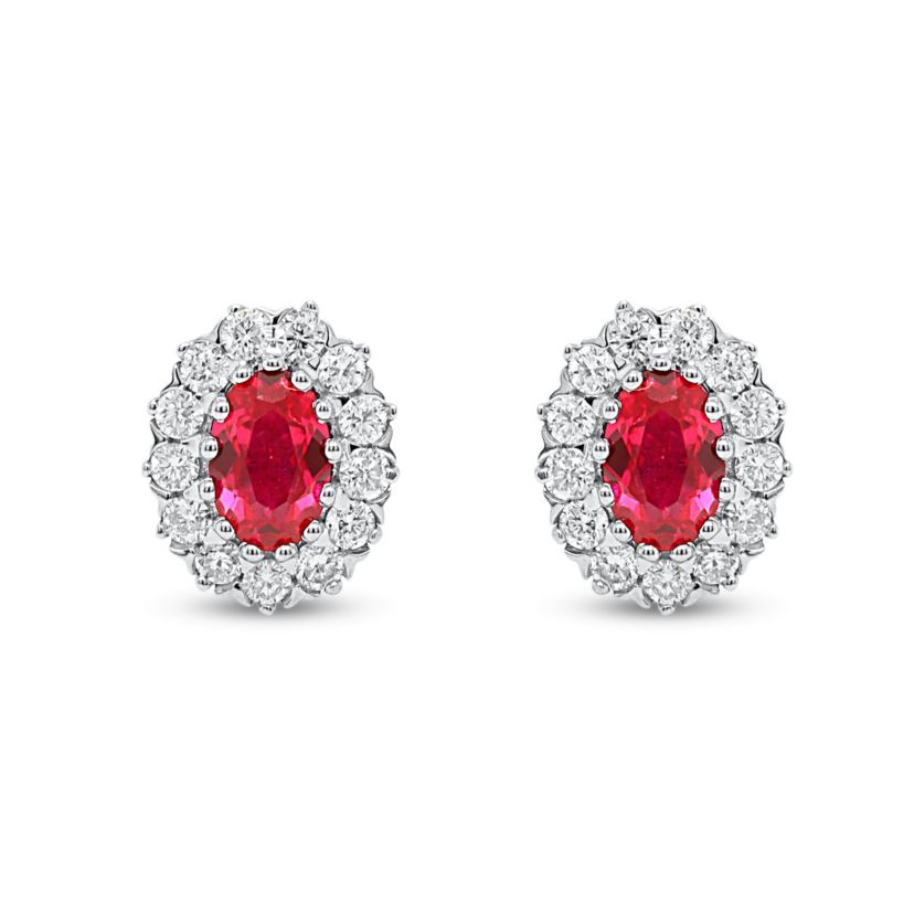 Lab Created 6X4 MM Oval Created Ruby and 3/8CTTW Lab Grown Diamond Earrings.