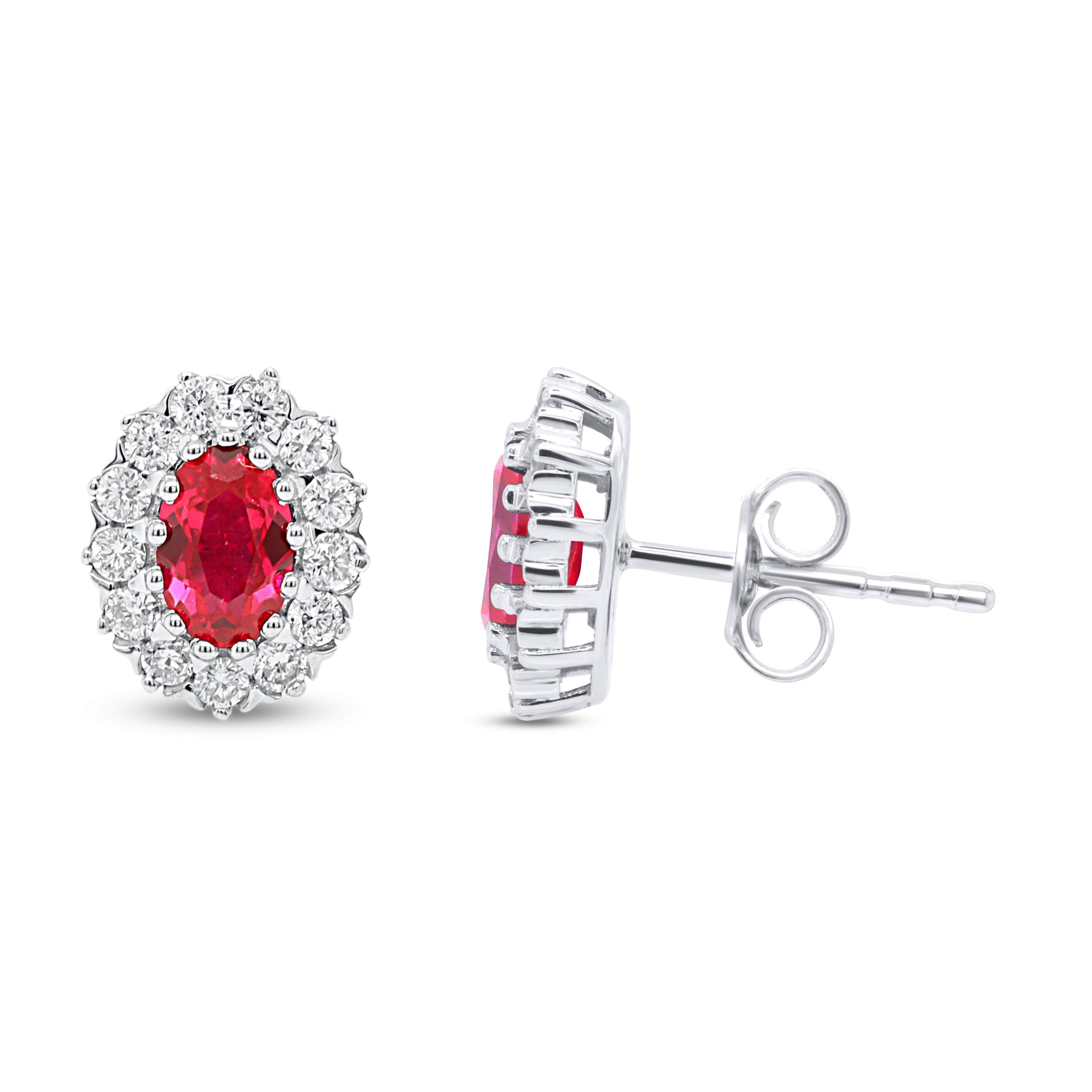 Lab Created 6X4 MM Oval Created Ruby and 3/8CTTW Lab Grown Diamond Earrings.