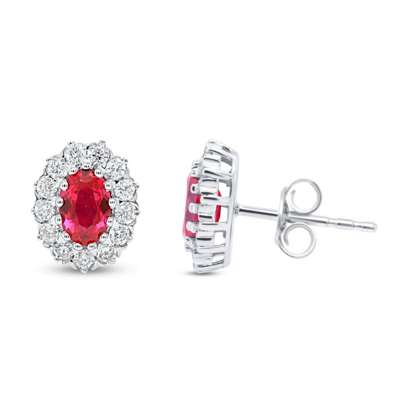 Lab Created 6X4 MM Oval Created Ruby and 3/8CTTW Lab Grown Diamond Earrings.