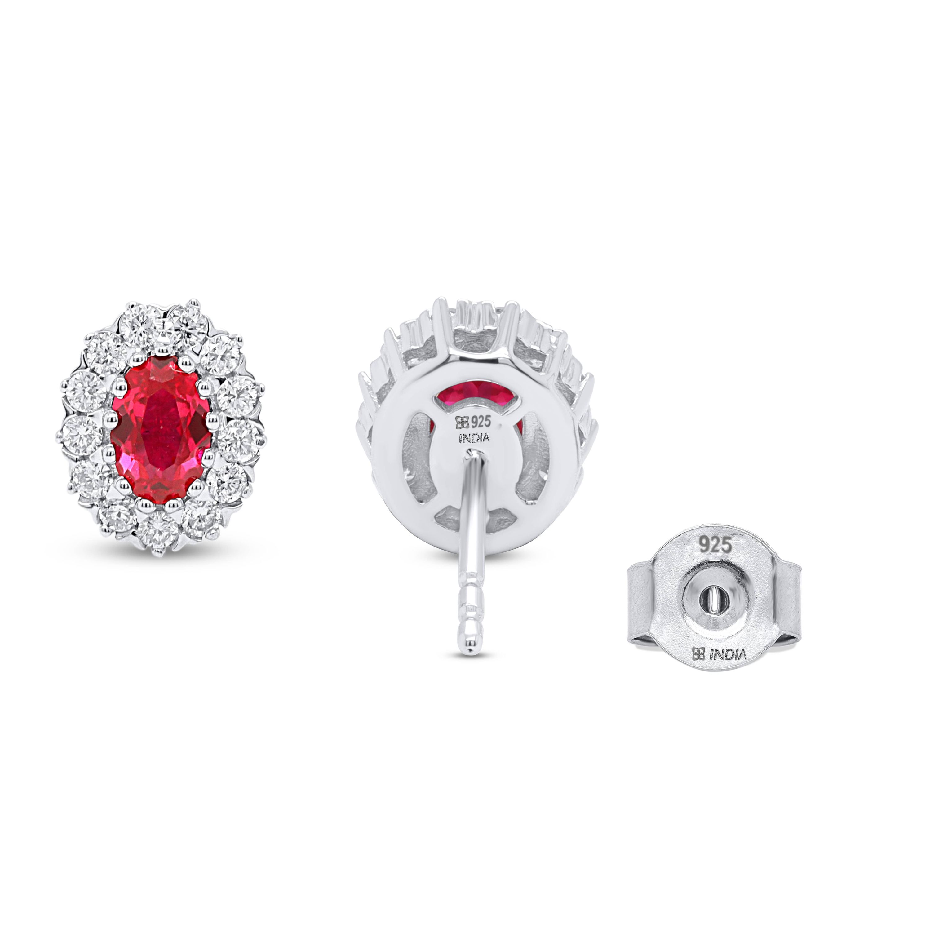 Lab Created 6X4 MM Oval Created Ruby and 3/8CTTW Lab Grown Diamond Earrings.