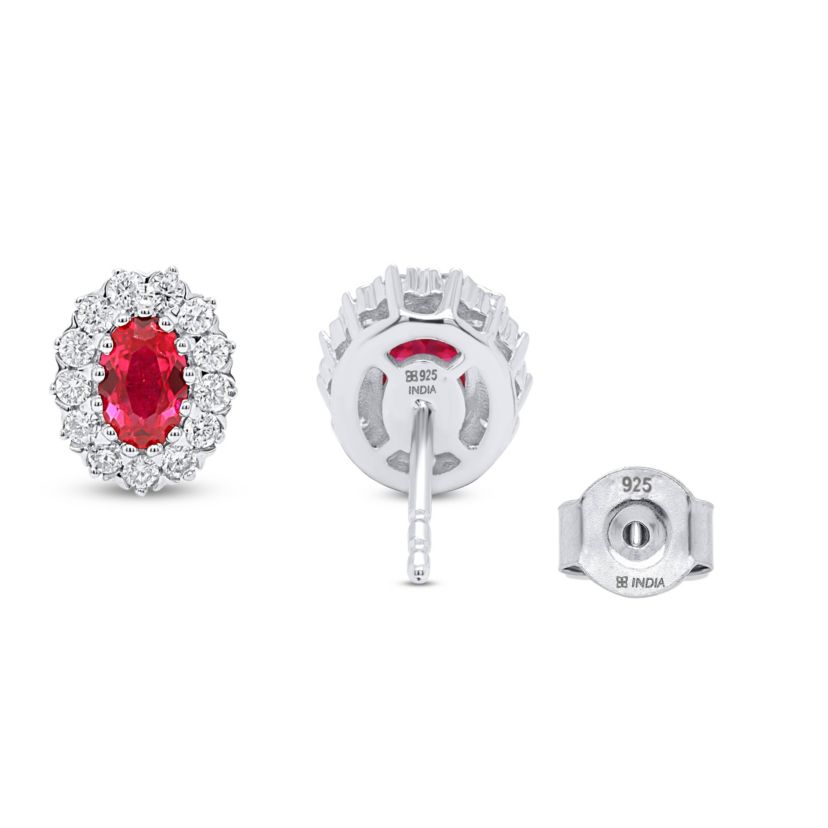 Lab Created 6X4 MM Oval Created Ruby and 3/8CTTW Lab Grown Diamond Earrings.