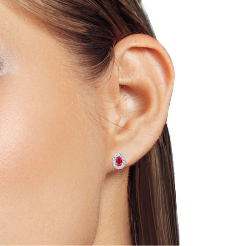 Lab Created 6X4 MM Oval Created Ruby and 3/8CTTW Lab Grown Diamond Earrings.